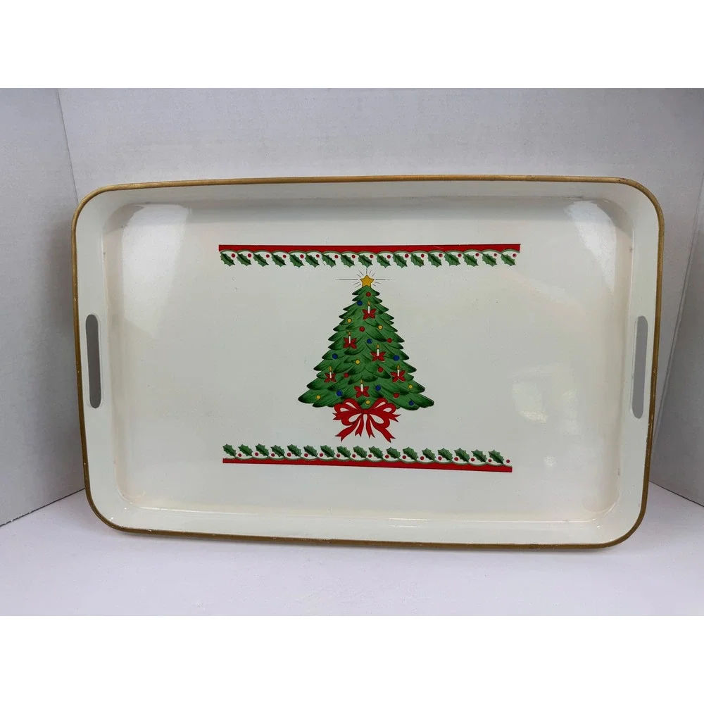 Vintage Otagiri Christmas Tree Melamine Serving Tray Gold Trim Holly Border